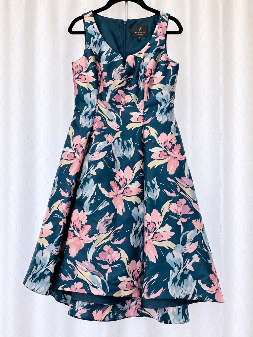 Adrianna Papell Teal Floral Pleated Fit & Flare Dress Pockets Size 10